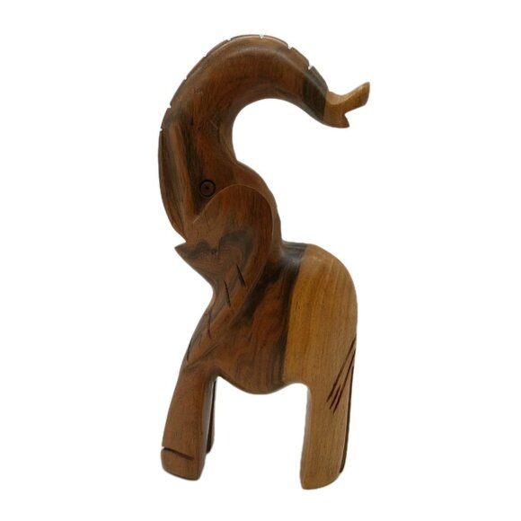 Hand Carved Wooden Elephant Sculpture Trunk Up MCM 2 Tone Wood 8" - Picture 1 of 7